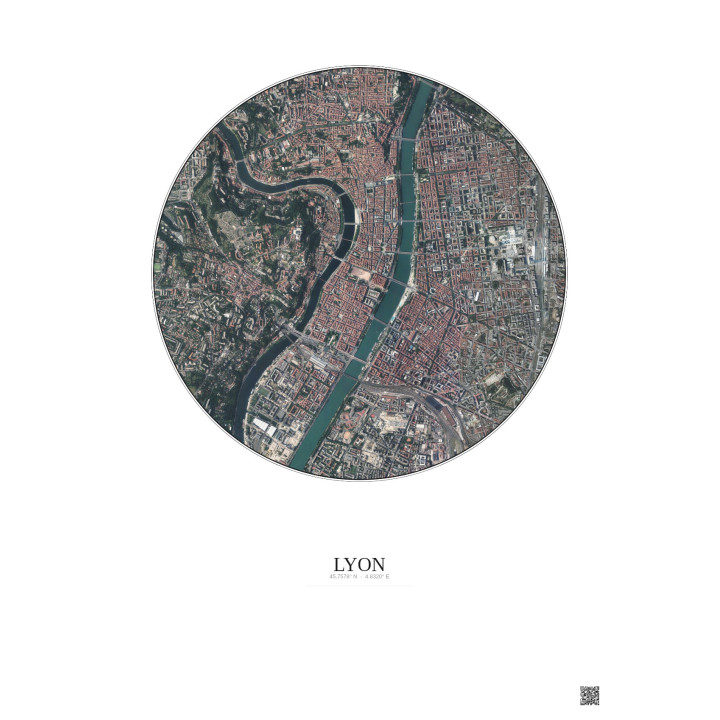 Affiche Lyon – Poster vue satellite 2.5km Couleur | Gravura – Fond clair
