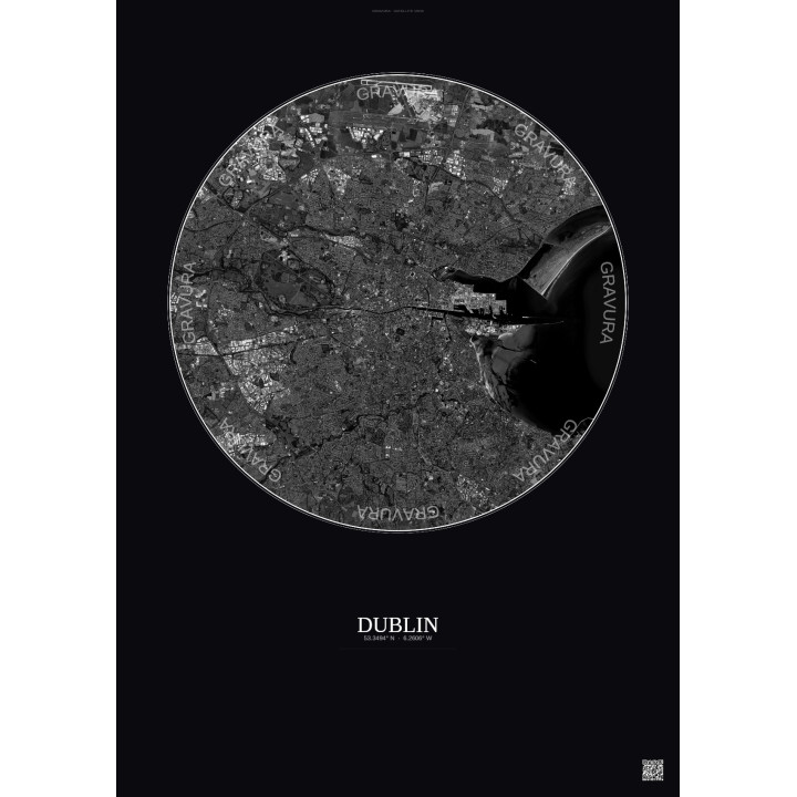 Affiche Dublin – Poster vue satellite 10km N&B | Gravura – Fond 