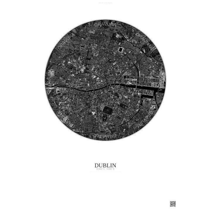 Affiche Dublin – Poster vue satellite 2.5km N&B | Gravura – Fond