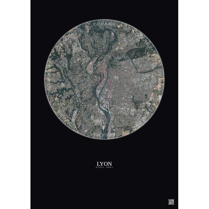 Affiche Lyon – Poster vue satellite 10km Couleur | Gravura – Fond foncé