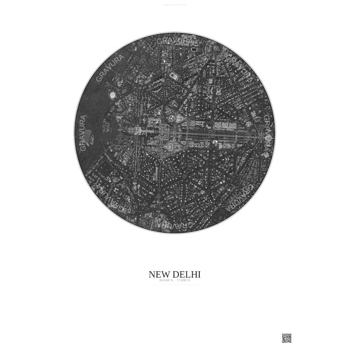 Affiche New Delhi – Poster vue satellite 2.5km N&B | Gravura – F