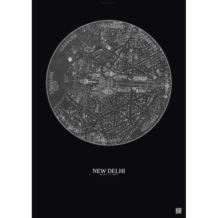 Affiche New Delhi – Poster vue satellite 2.5km N&B | Gravura – F