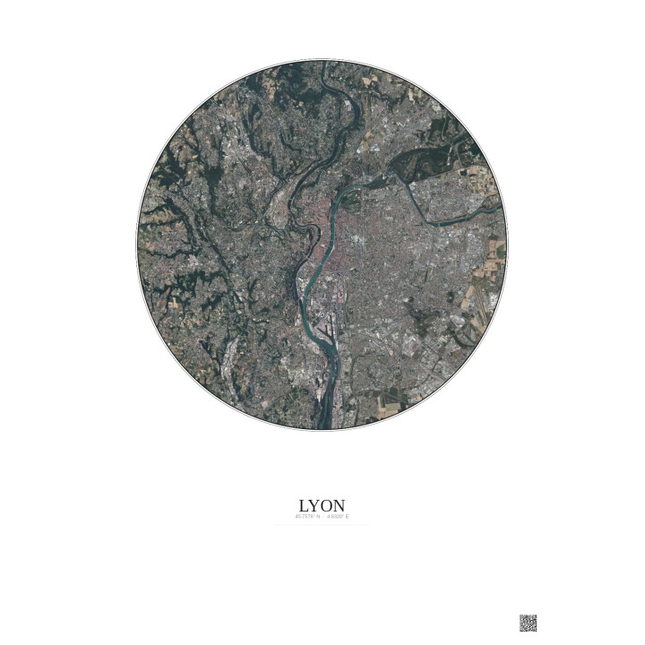 Affiche Lyon – Poster vue satellite 10km Couleur | Gravura – Fond clair