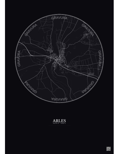 Affiche Arles – Poster carte de ville 10km | Gravura – Fond foncé