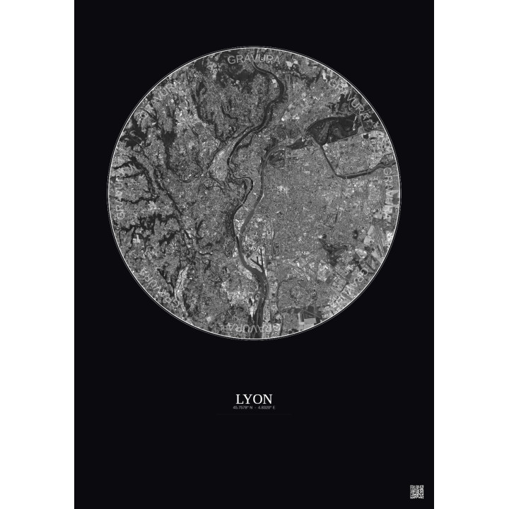 Affiche Lyon – Poster vue satellite 10km N&B | Gravura – Fond foncé
