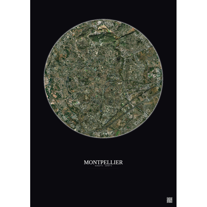 Affiche Montpellier – Poster vue satellite 5km Couleur | Gravura – Fond foncé