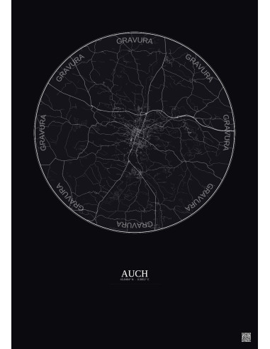 Affiche Auch – Poster carte de ville 10km | Gravura – Fond foncé