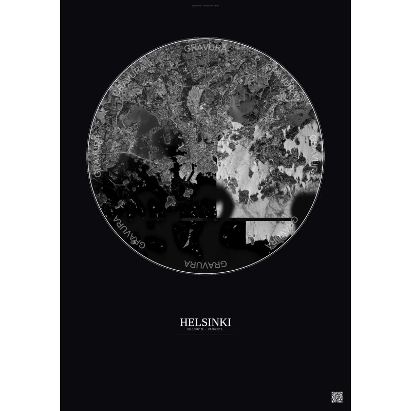 Affiche Helsinki – Poster vue satellite 10km N&B | Gravura – Fond foncé
