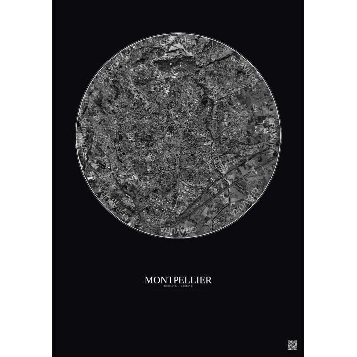 Affiche Montpellier – Poster vue satellite 5km N&B | Gravura – Fond foncé