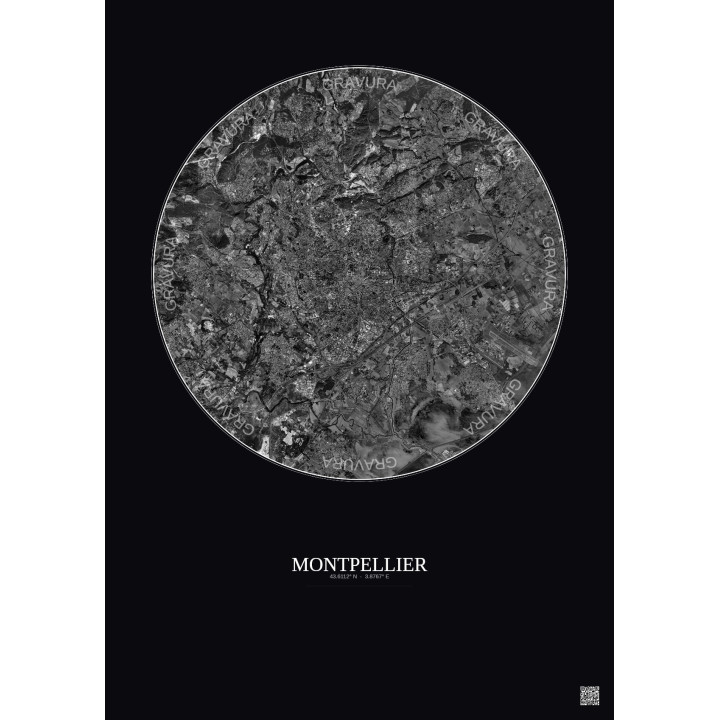 Affiche Montpellier – Poster vue satellite 10km N&B | Gravura – Fond foncé