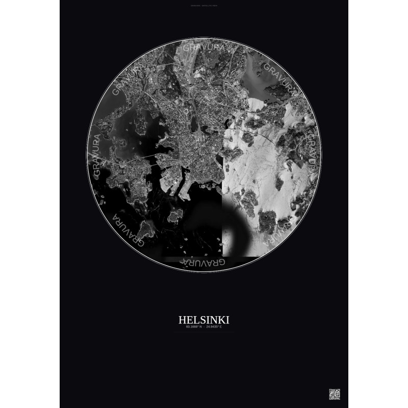 Affiche Helsinki – Poster vue satellite 6km N&B | Gravura – Fond foncé