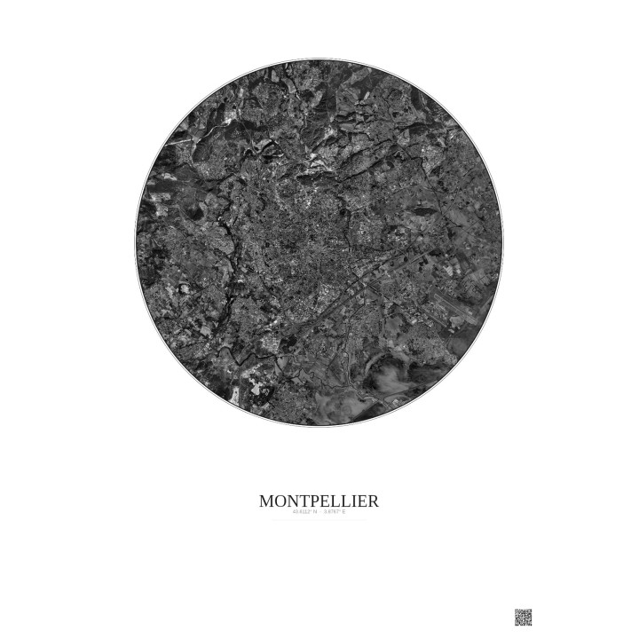Affiche Montpellier – Poster vue satellite 10km N&B | Gravura – Fond clair