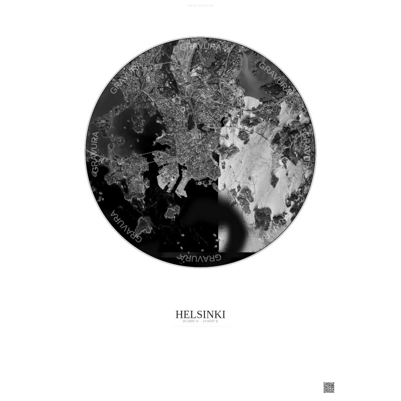 Affiche Helsinki – Poster vue satellite 6km N&B | Gravura – Fond clair