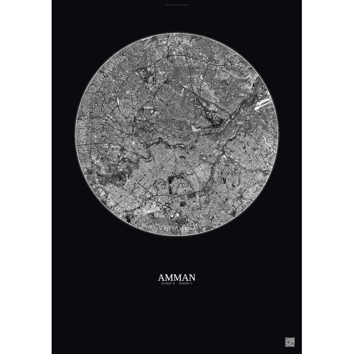 Affiche Amman – Poster vue satellite 6km N&B | Gravura – Fond fo