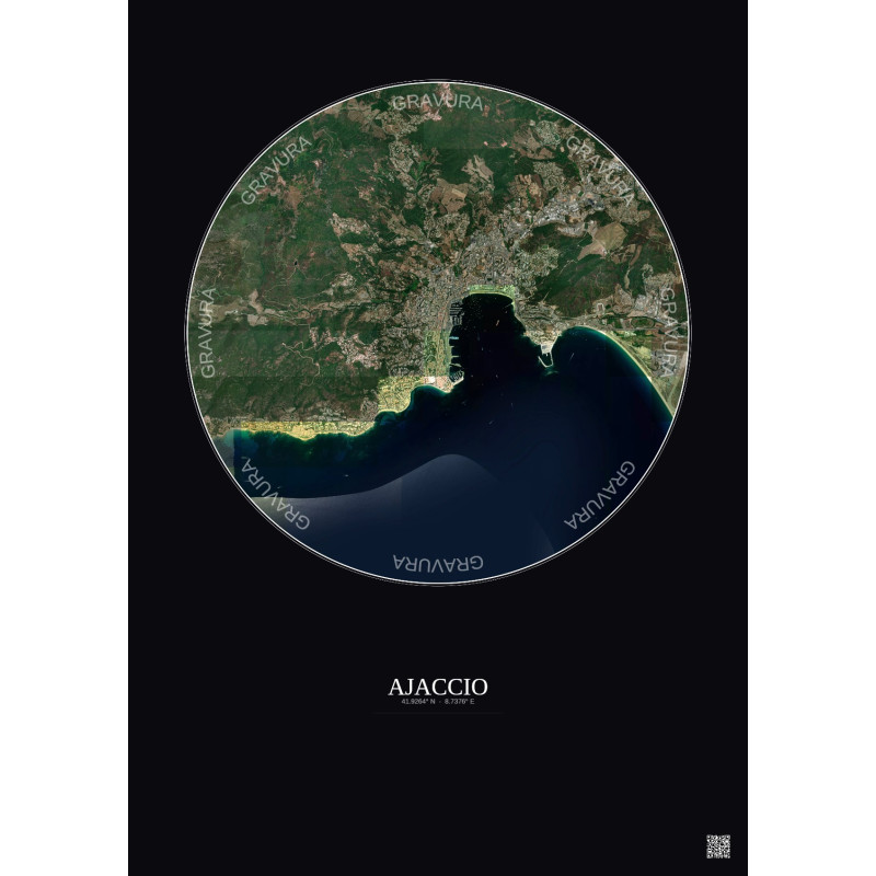 Affiche Ajaccio – Poster vue satellite 5km Couleur | Gravura – Fond foncé