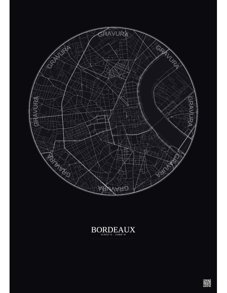 Affiche Bordeaux – Poster carte de ville 2.5km | Gravura – Fond foncé