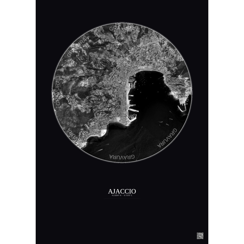 Affiche Ajaccio – Poster vue satellite 2.5km N&B | Gravura – Fond foncé