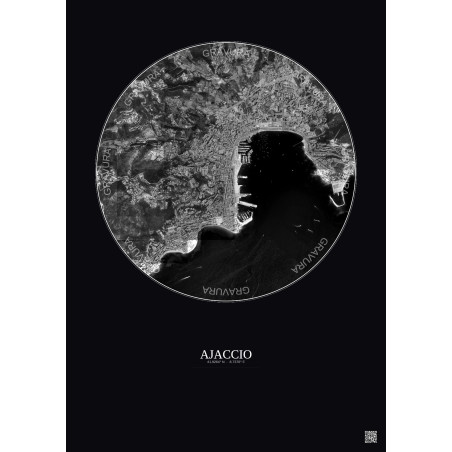Affiche Ajaccio – Poster vue satellite 2.5km N&B | Gravura – Fond foncé
