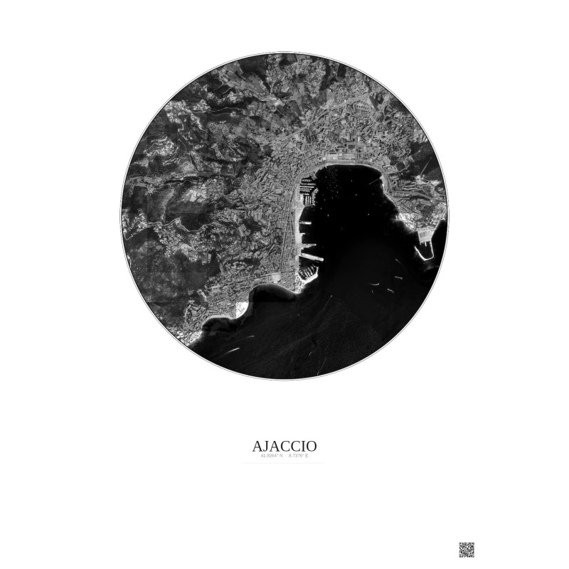 Affiche Ajaccio – Poster vue satellite 2.5km N&B | Gravura – Fond clair