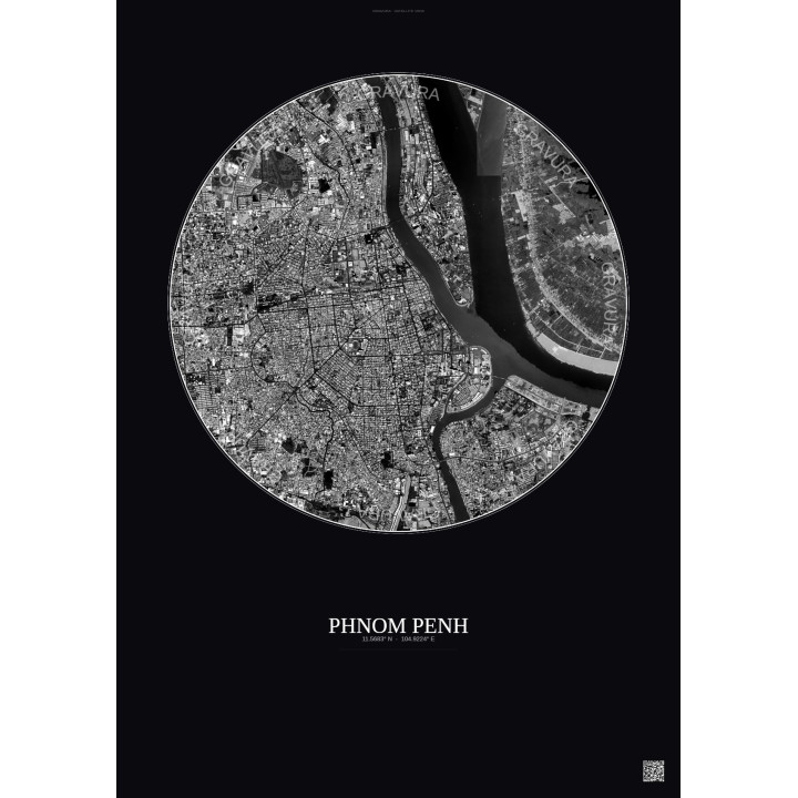 Affiche Phnom Penh – Poster vue satellite 6km N&B | Gravura – Fo