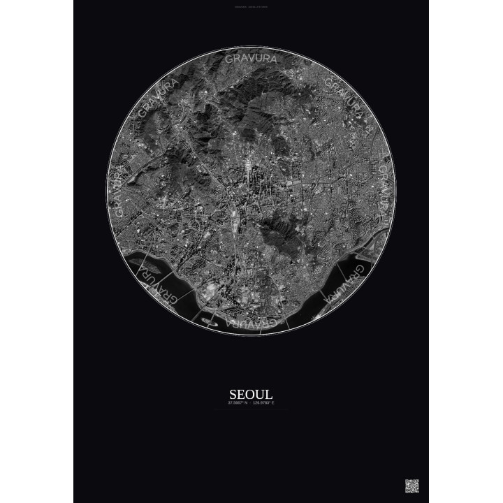 Affiche Seoul – Poster vue satellite 6km N&B | Gravura – Fond fo