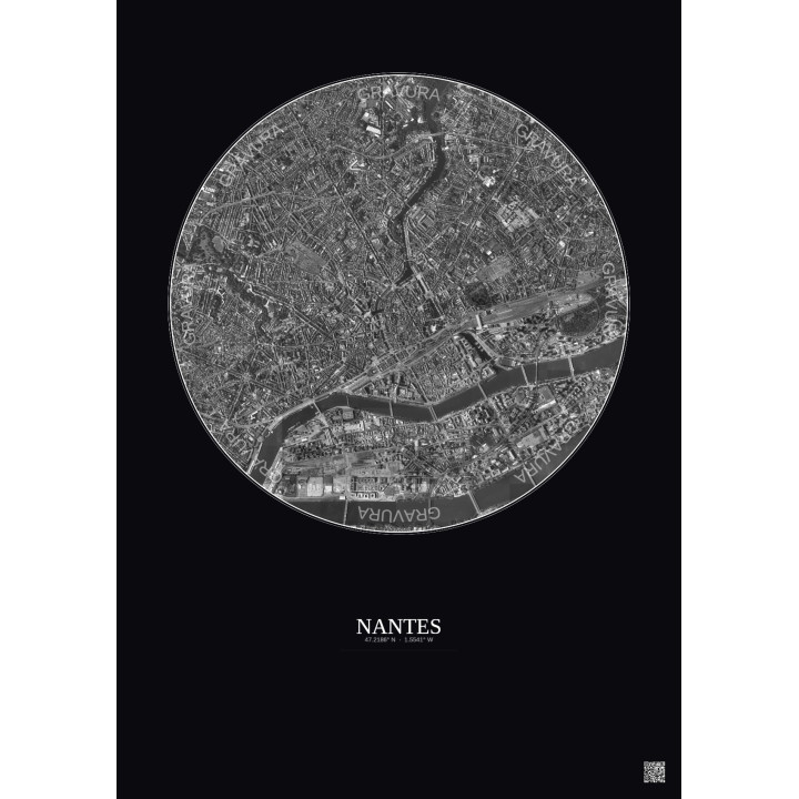Affiche Nantes – Poster vue satellite 2.5km N&B | Gravura – Fond foncé