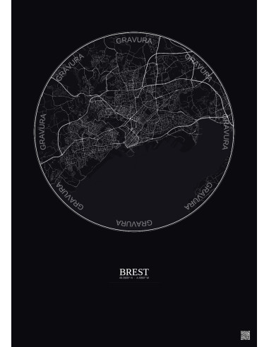 Brest City Map Poster 6km | Gravura – Dark background