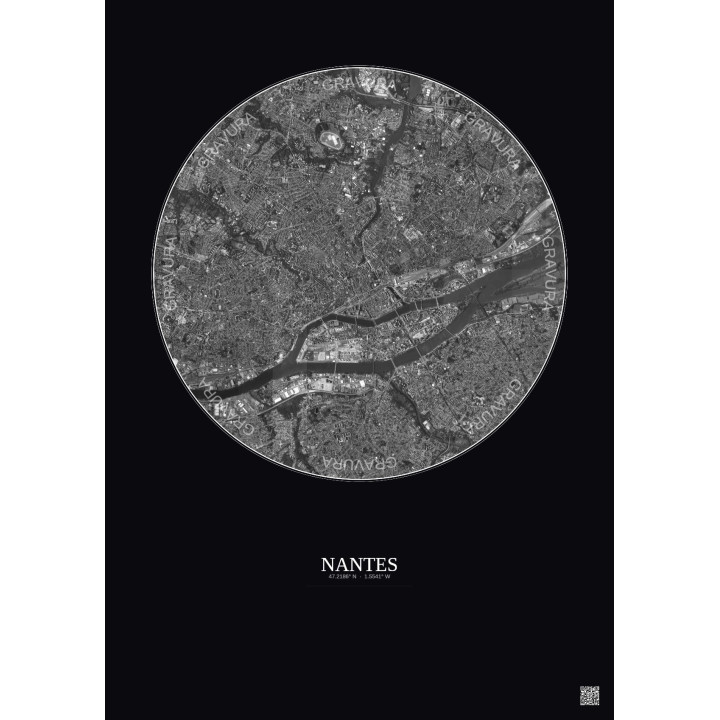 Affiche Nantes – Poster vue satellite 5km N&B | Gravura – Fond foncé