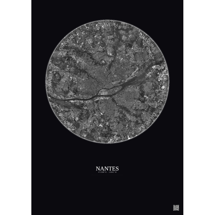 Affiche Nantes – Poster vue satellite 10km N&B | Gravura – Fond foncé
