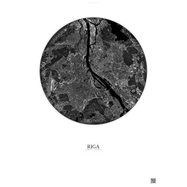 Affiche Riga – Poster vue satellite 10km N&B | Gravura – Fond cl