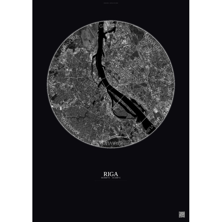 Affiche Riga – Poster vue satellite 6km N&B | Gravura – Fond fon