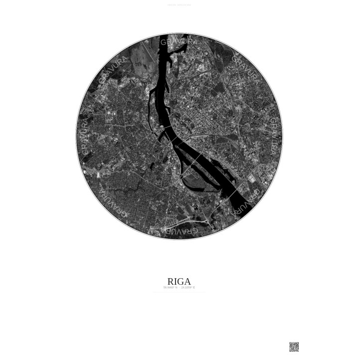 Affiche Riga – Poster vue satellite 6km N&B | Gravura – Fond cla