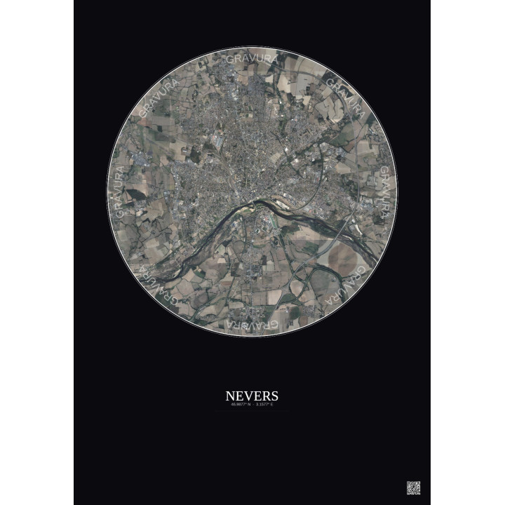 Affiche Nevers – Poster vue satellite 5km Couleur | Gravura – Fond foncé