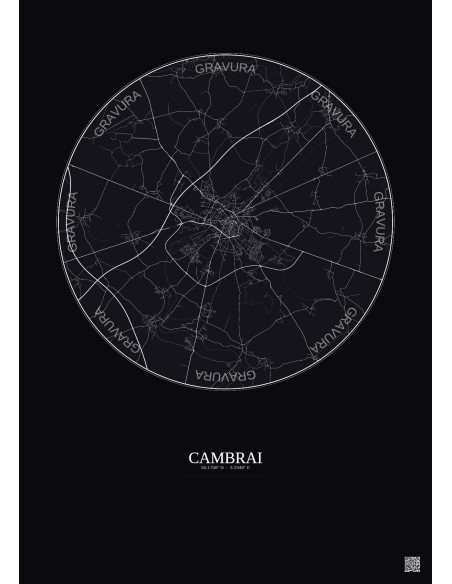 Affiche Cambrai – Poster carte de ville 10km | Gravura – Fond foncé