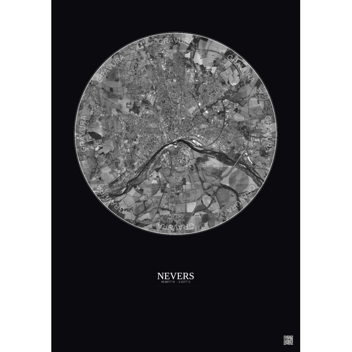 Affiche Nevers – Poster vue satellite 5km N&B | Gravura – Fond foncé