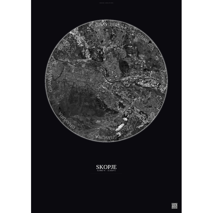 Affiche Skopje – Poster vue satellite 6km N&B | Gravura – Fond f