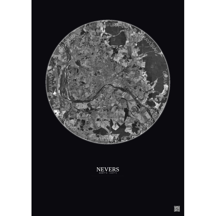 Affiche Nevers – Poster vue satellite 10km N&B | Gravura – Fond foncé