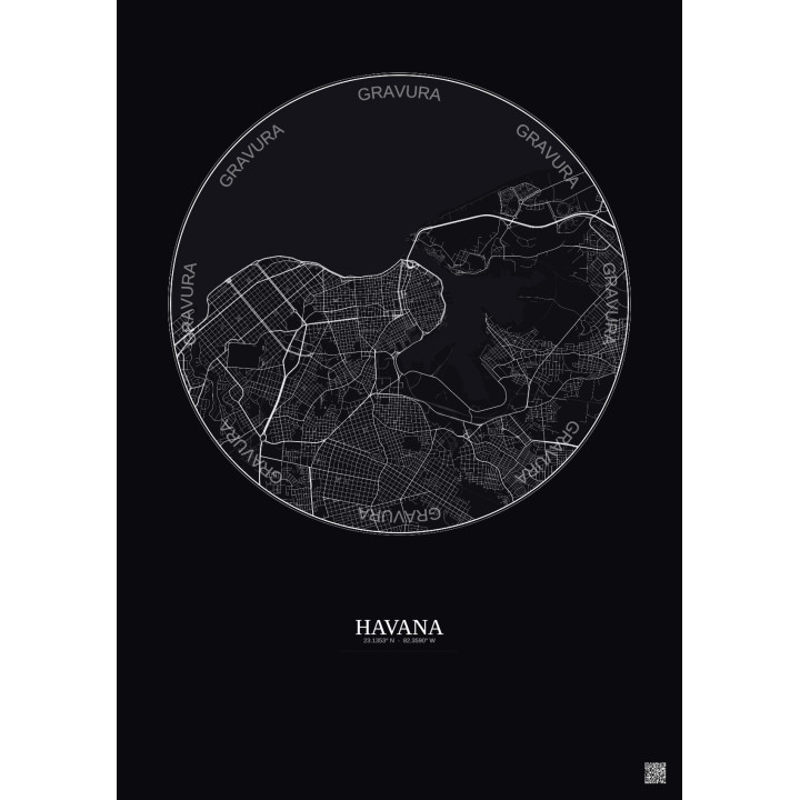Affiche Havana – Poster carte de ville 6km | Gravura – Fond foncé