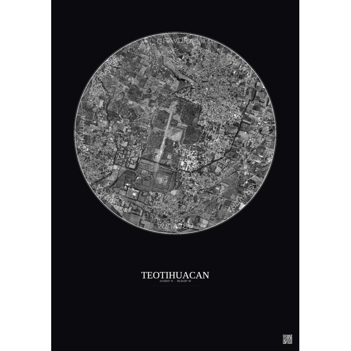Affiche Teotihuacan – Poster vue satellite 2.5km N&B | Gravura –