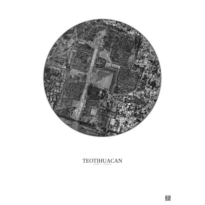 Affiche Teotihuacan – Poster vue satellite 1km N&B | Gravura – F