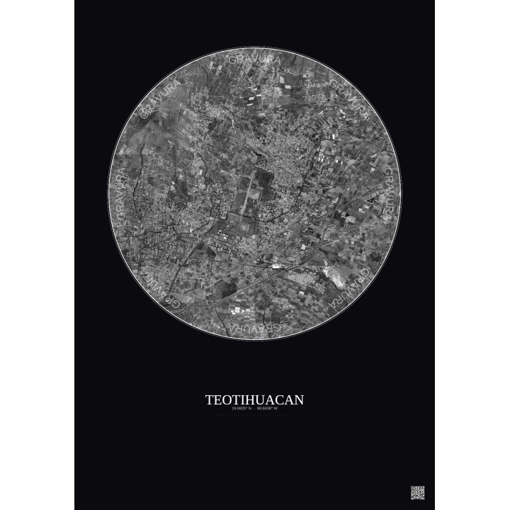 Teotihuacan Satellite View Poster 5km B&W | Gravura – Dark backg