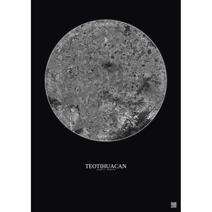 Affiche Teotihuacan – Poster vue satellite 30km N&B | Gravura – 