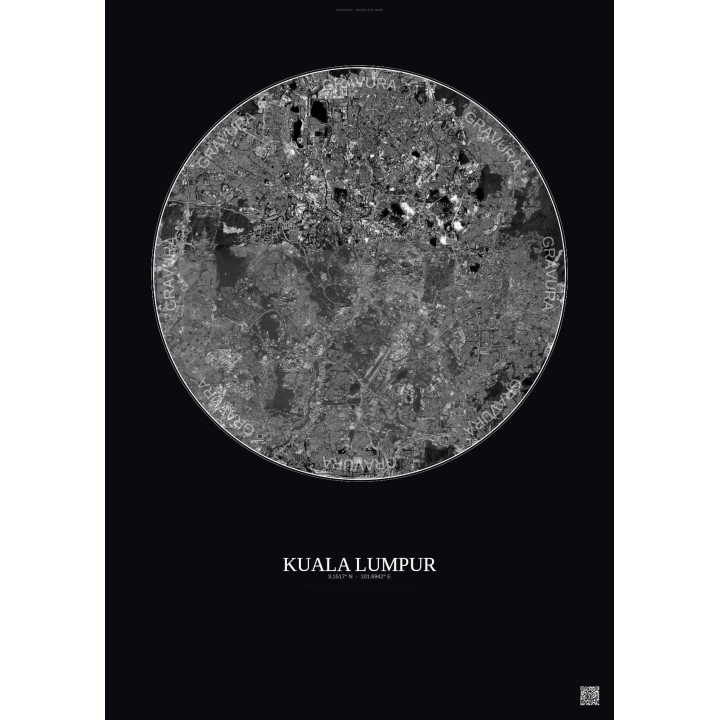 Affiche Kuala Lumpur – Poster vue satellite 10km N&B | Gravura –