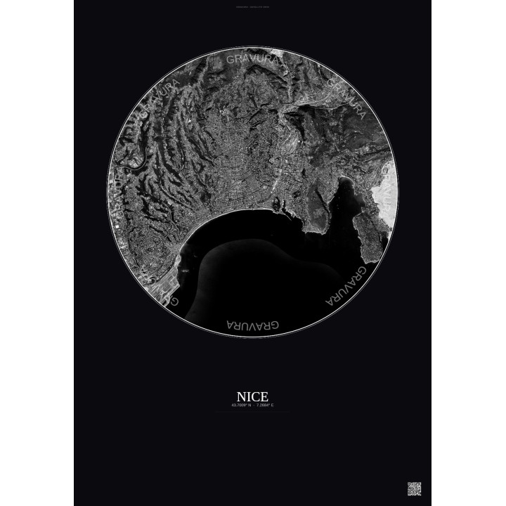 Affiche Nice – Poster vue satellite 6km N&B | Gravura – Fond foncé