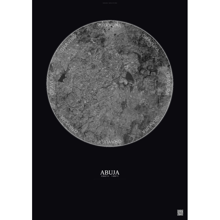 Affiche Abuja – Poster vue satellite 10km N&B | Gravura – Fond f