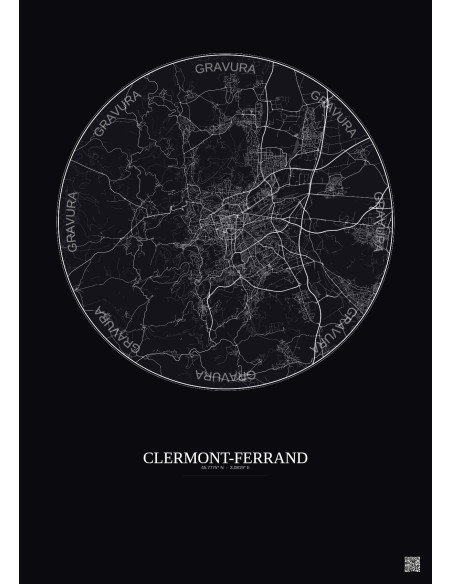 Affiche Clermont Ferrand – Poster carte de ville 10km | Gravura – Fond foncé