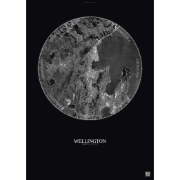 Wellington Satellite View Poster 6km B&W | Gravura – Dark backgr