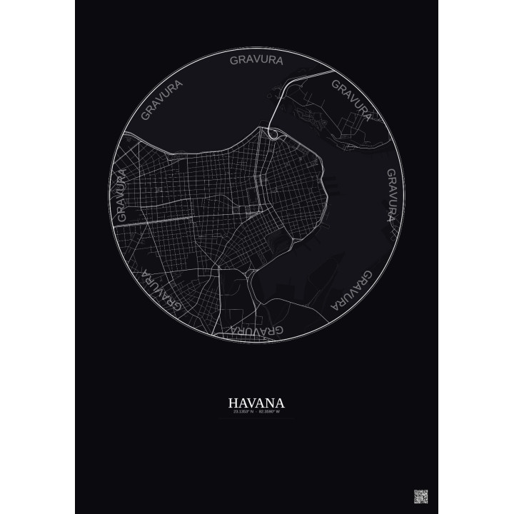 Affiche Havana – Poster carte de ville 2.5km | Gravura – Fond foncé