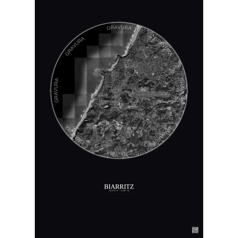 Affiche Biarritz – Poster vue satellite 5km N&B | Gravura – Fond foncé