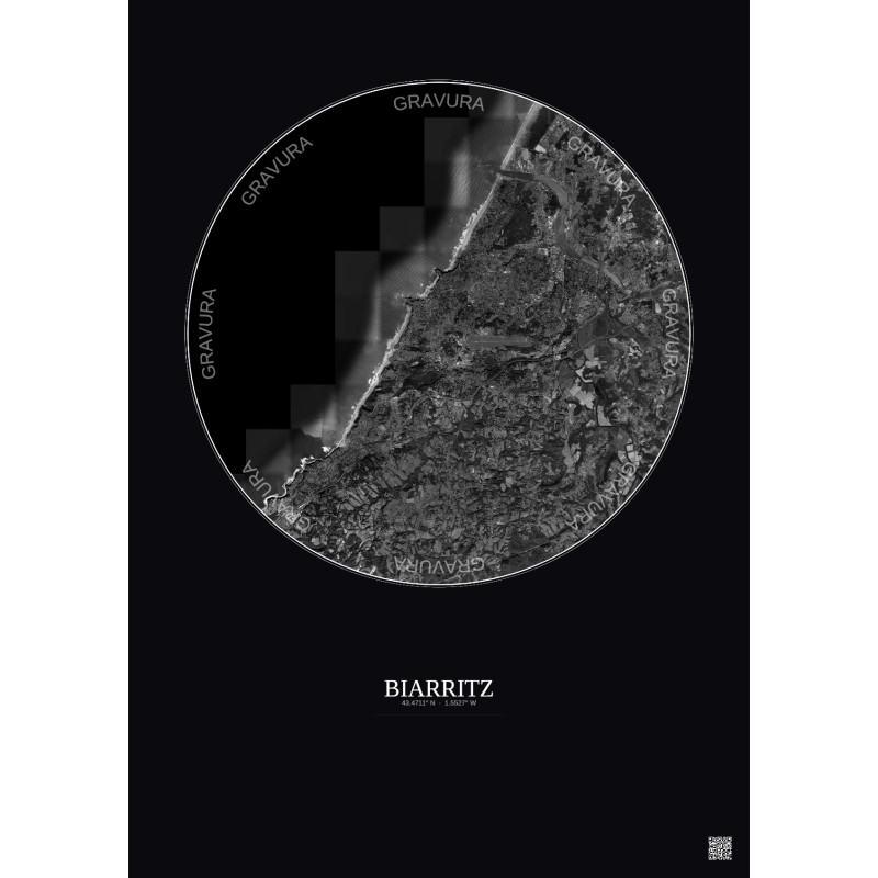Affiche Biarritz – Poster vue satellite 10km N&B | Gravura – Fond foncé